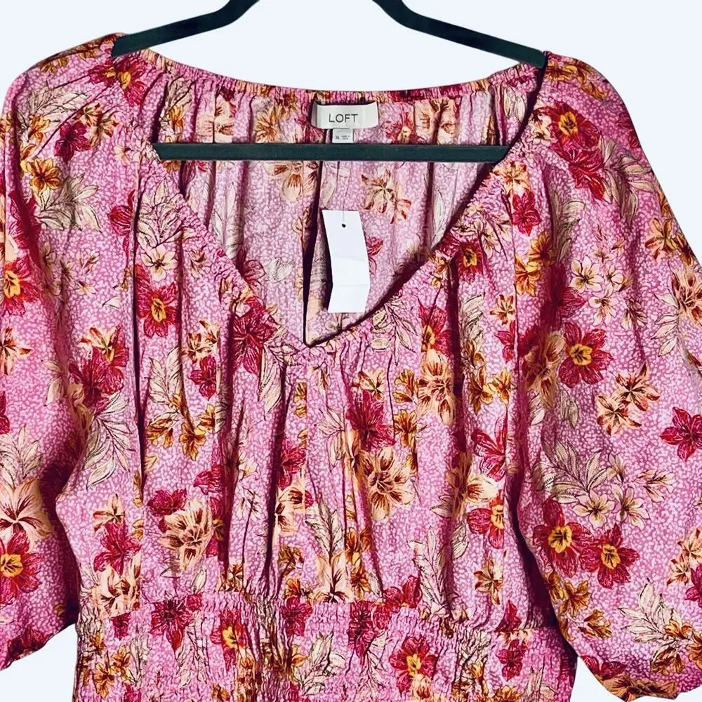 NWT LOFT Lily Blouse Top XL Gathered Waist Puff Sleeve Pink Floral Romantic $70